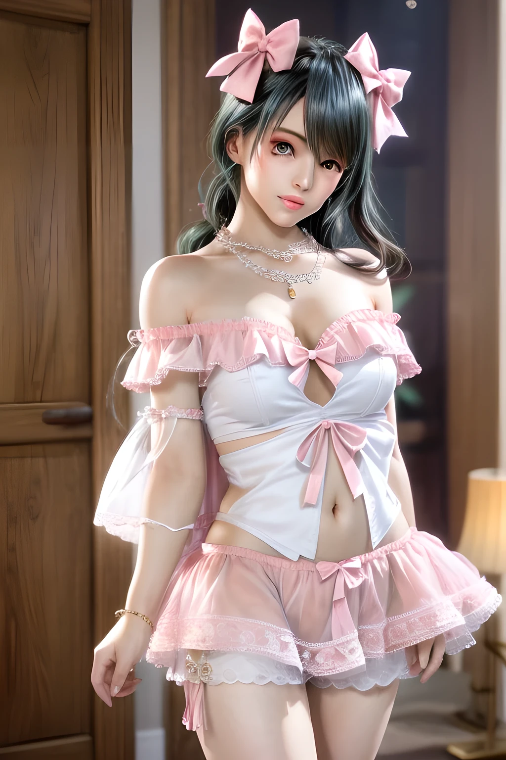 nurse,panties,breasts,navel,looking at viewer,fishnet thighhighs,gigantic breasts, <lora:Ðдежда ÑекÑи медÑеÑÑÑа ÑподвÑзками и ÑÑÑÑиками(nurse,panties,breasts,navel,looking at viewer,fishnet thighhighs,gigantic breasts):0.8>, <lora:ÐоÑка-девоÑка из Ñок ÑоÑ(cyan, animal ears, cat ears,tail,blue eyes,black hair,curly hair):0.7>, yan, animal ears, cat ears,tail,blue eyes,black hair,curly hair, 1girl in full growth, best quality, masterpiece, ultra-detailed, high quality, perfect nose, highly detailed skin, warm skin tone, defiance512, RAW photo, best quality, high resolution, (masterpiece), dreamlike, dreamy, modelshoot style, analog style, tonemapping, photorealistic, professional photography, sharp focus, HDR, 8K resolution, intricate detail, sophisticated detail, hyper detailed, (depth of field), highlight and shadow, volumetric lighting, cinematic bloom, professional light, looking at viewer, blotchy,