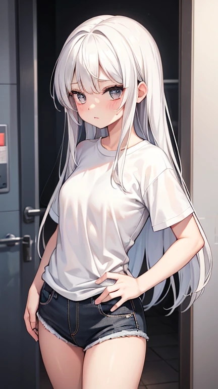 high quality, perfect lighting, Detailed face, detailed body, 1 girl, alone,silver hair,short sleeves,shorts,whole body,medium breasts,Casual Wear,pink eyes,ponytail
