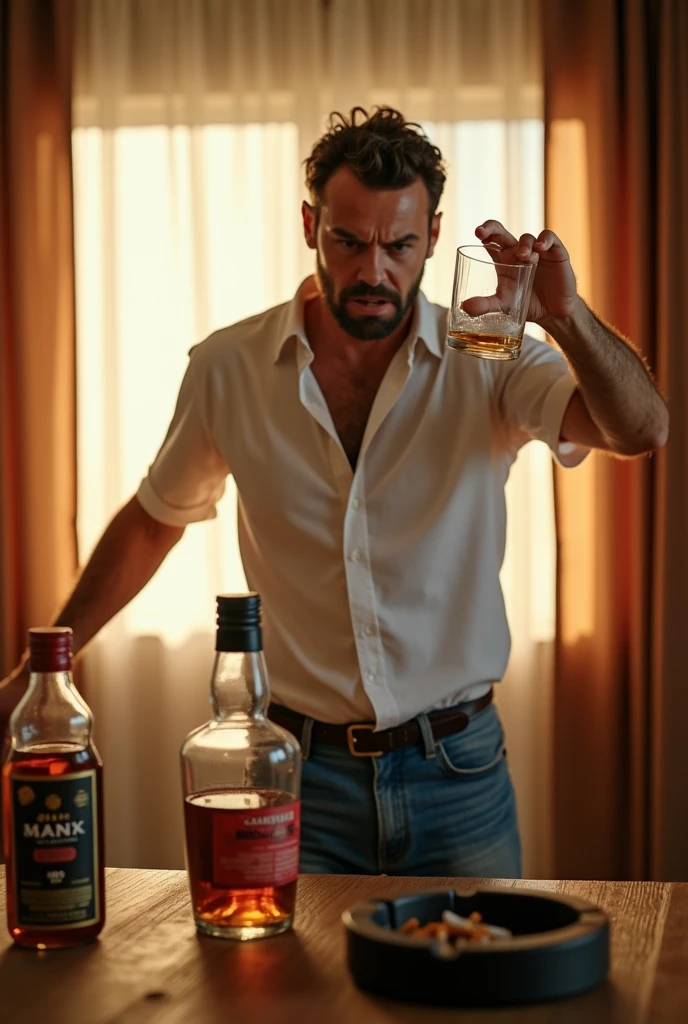 Boxeur avec visage tumefié avec verre de whisky apres combat avec bandelette main accoudé au comptoir d un bistrot ivre
Des gens se battent derriere

