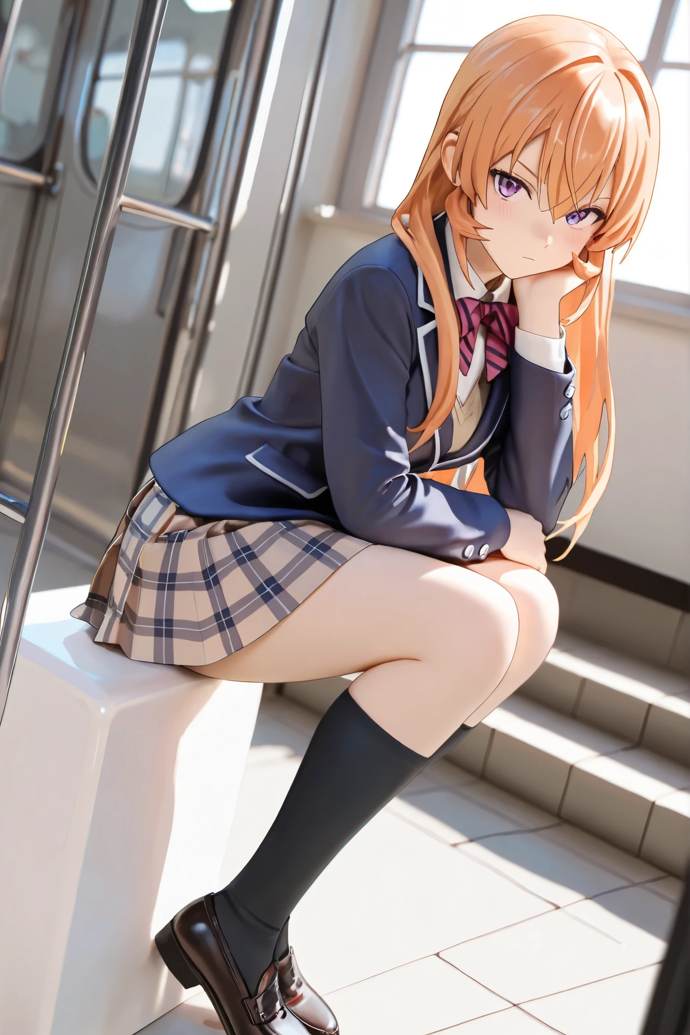 finest, masterpiece, high definition, (full body), front-facing, symmetrical, mature high school girl, solo, (full body from head to toe), small breasts, long hair, slightly messy hair, (black tights), ( (black pantyhose), black pantyhose, (composition where she is made to sit and lift her legs and make her legs open), (bound arms, arms behind back),  looking at camera, showing white panties, white frilly lingerie, high school uniform blazer, high  White blouse, high  with blue ribbon, high  with short plaid pattern and navy pleated skirt, Lacus Clyne、sitting on a park bench