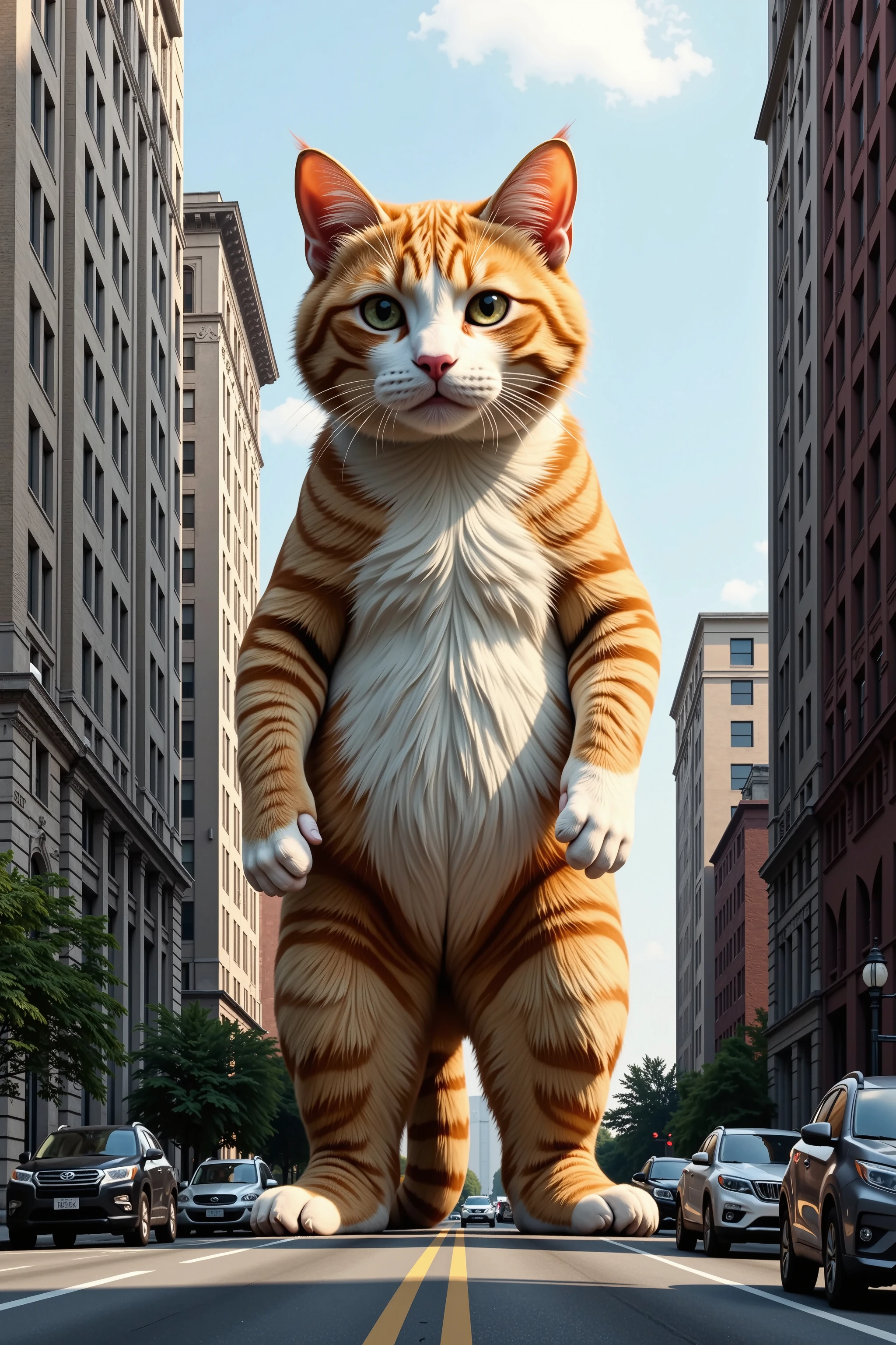 In the heart of the city, A giant cat bigger than a building, Realistic fantasy, natural lighting, soft lighting, professional lighting, (masterpiece, best quality, photo realistic, ultra detailed, realistic skin, ultra high res, Raw Photo, 16k, very aesthetic), (Perfect Anatomy, Anatomically correct, Anatomically correct limbs, Anatomically correct fingers, detailed hands, detailed fingers, Accurate hands, Accurate finger count)