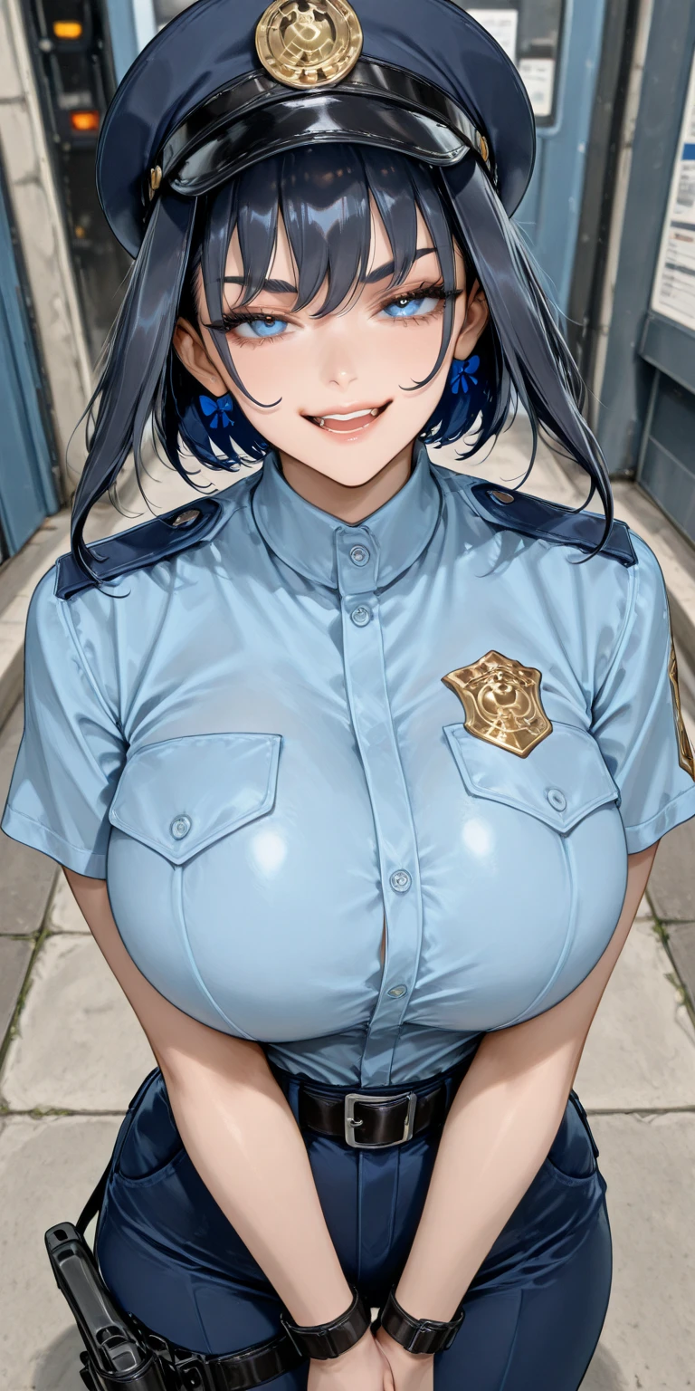 ,ceios gigantes, best quality, arte oficial, extremamente detalhado CG unidade 8k papel de parede, (( policial)),s police cap, at office, cabelos longos, single ponytail,cabelo castanho, mulher madura, seda preta, peito gigante, pernas separadas, salto alto、White shirt、tits out、Colossal tits、teats、cleavage of the breast、Challenging smile, espaso nua entre a roupa, seios para fora , seios saindo muito suor,