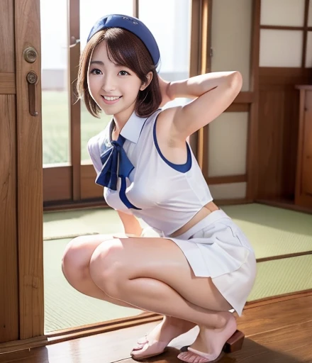 (Best quality: 1.5), (Real: 1.5), (1 person: 1.5), (masterpiece), (Skinny body:1.5), full body, (Highly detailed), (High resolution), 8k, (slightly saggy and medium breasts), Natural colored lips, Japanese woman, 24 old girl, thin eyebrows, beautiful and elegant face, cute face, arched thin eyebrows, (big eyes with a good balance between the left and right sides), cute eyes, beautiful eyes, beautiful thin nose, beautiful face line, fair skin, beautiful and graceful features, natural bangs, beautiful and thin nose, beautiful skin , medium bob hair, bob hair, natural bangs, perfect and beautiful facial features, slim face and figure, (bright lighting), (professional lighting:1.5), (frontal lighting), beautiful cleavage, 1 girl, cute and sexy 24 old woman, slim Japanese woman, fair skin, (cute smile), Beautiful breasts, Large window room , Beautiful hip line, (slim hips:1.2), beautiful slim thighs, (Japanese idol:1.5), Beautiful detailed skin, (Cheerleader outfits that expose cleavage), (Cheerleader outfits that expose under bust), (Tight cheerleader outfits), (Cheer girls:1.5), (Beautiful navel show:1.5), (Beautiful and slim thighs show:1.5), (Black hair, brunette hair), sports ground, Stadium, (Wearing a cheerleader costume), (wearing a cheerleader bra), (wearing a cheerleader pleated micro mini skirt), (cute lace panties), Daytime, (plaid micro mini skirt), (beautiful navel), (happy smile: 1.4), beautiful slim legs, (skirt flipped up to reveal panties: 1.3), (short bob: 1.2), fluffy hair, (????? nipples: 1.2), (cheerleader: 1.5), sexy shot,
