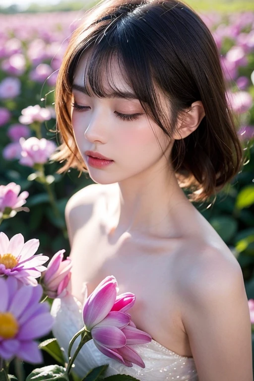 (((Exposing breasts 1.6))),(((Exposing breasts 1.6))),(((Exposing breasts 1.6))),masterpiece, Highest quality, 8k, Absurd, Beautiful medium long bob hair,Woman in her late 20s, That shy expression is cute, （Sensual Style）,(（Seven episodes were filmed.........1.4）), (Completely naked 1.5), No makeup, The near road and the far road, Written boundary depth, Surreal, High resolution, photograph, Sharp focus, Face lamp, Dynamic Lighting, highest detailed, ,Extreme detaileds、Super detaileded、detailed、Real Skin、elegant features、Positive and optimistic、（The background is a colorful flower field)