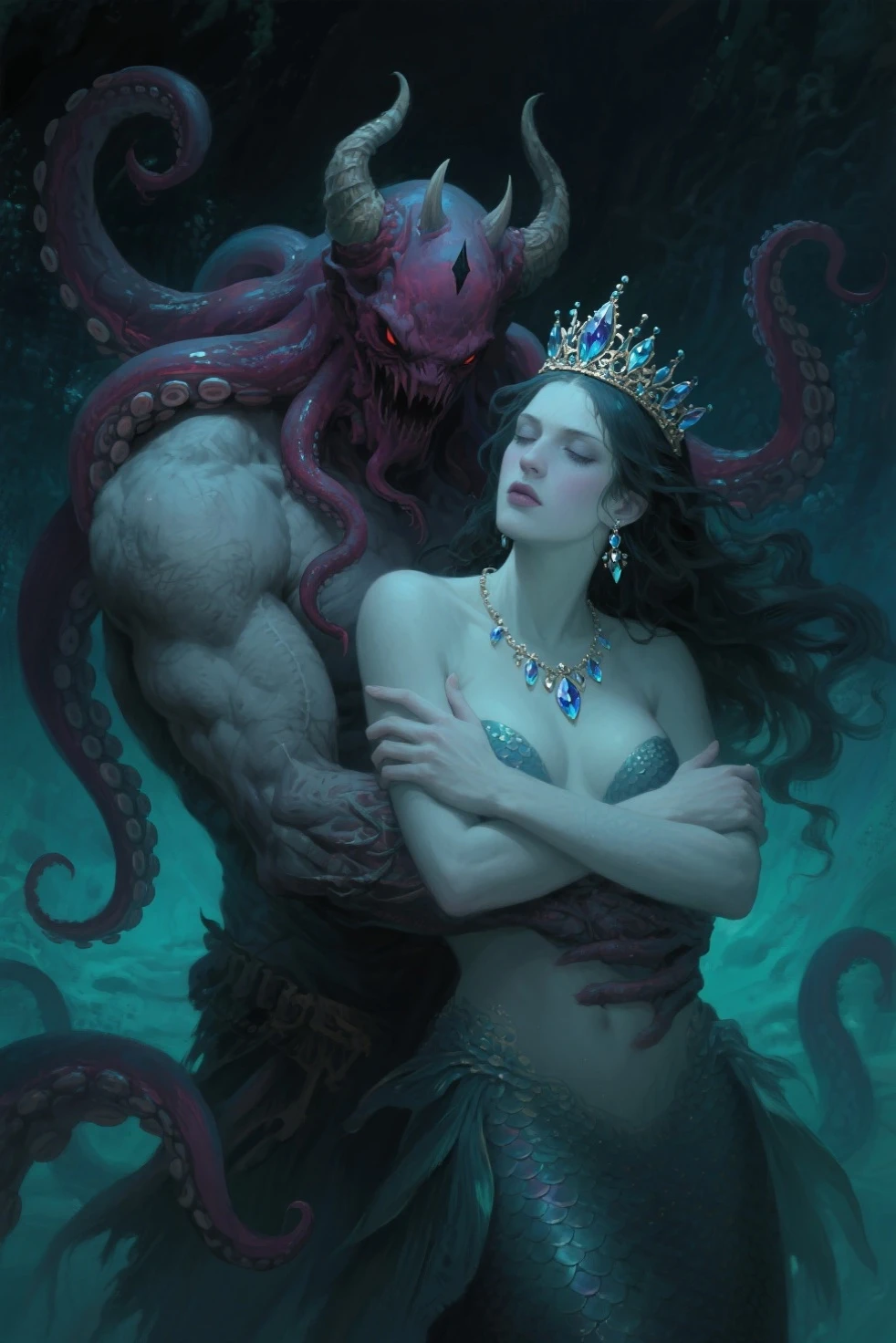 (extremadamente detallado, obra maestra, La mejor calidad, Under the Ocean), Estilo oscuro, volumetric illumination. armadura medieval, rostro con arrugas, lengua larga, tentacle, deforme, imagen submarina, pico de pulpo amenazante. manchas de tinta. Rococo composition. Luz de caravaggio