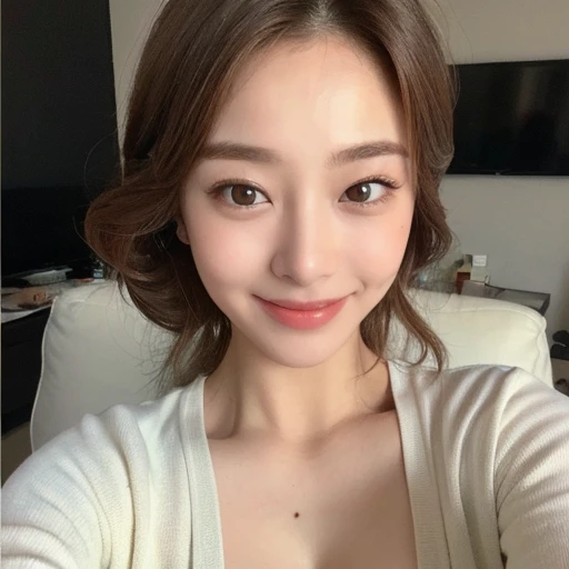 ((highest quality, 8k, masterpiece: 1.3)), 1 female, Japanese Mature,Sensual beauty: 1.3, (Hair style Brown hair Medium wave, big: 1.2), Nightwear Good top: 1.1, Super slender face, Delicate eyes, double eyelid, smile,Dimples,Mole, Home,Plump body,very thick legs,Cowboys photographed from the air,