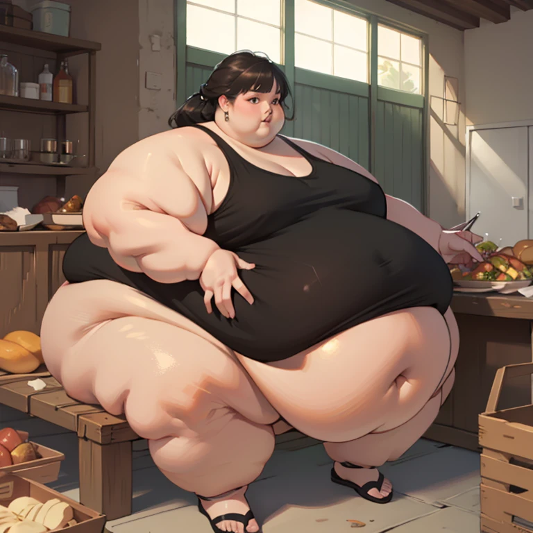 (masterpiece, detailed, realistic:1.3), young asian woman, beautiful, USSBBW, (morbidly obese, fatblob:1.5), nude, (detailed face, beautiful high aesthetic, (crying:1.2), (sad expression:1.3), surrounded by food, basement