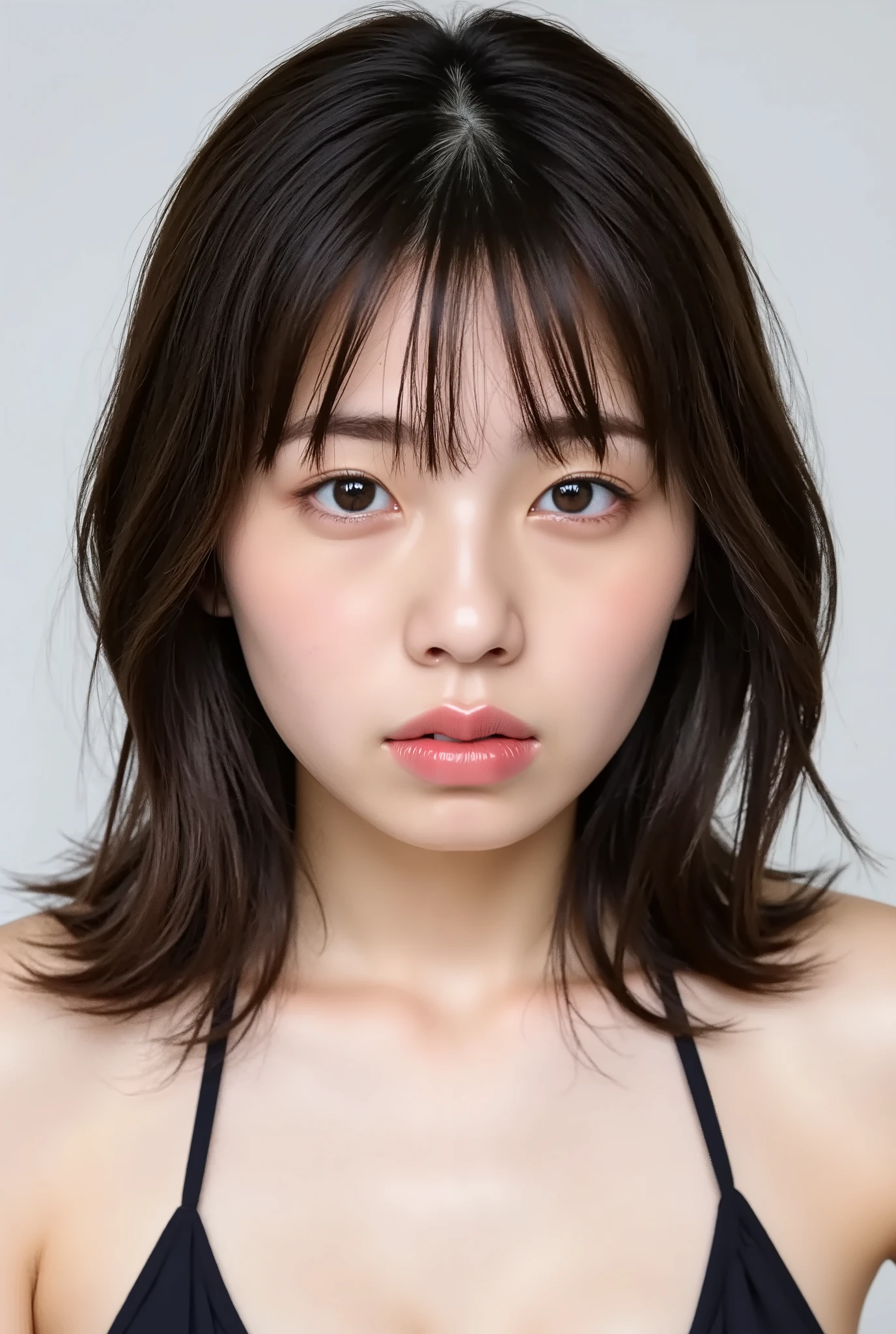 (( Highest Quality )), ((masterpiece)), ( details), Japanese woman, two-tone swimsuit , The girl was sleeping on her back , sexy,( in the bedroom),((( abnormally large breasts , completely naked, short bob hair))), black hair , (( without makeup))