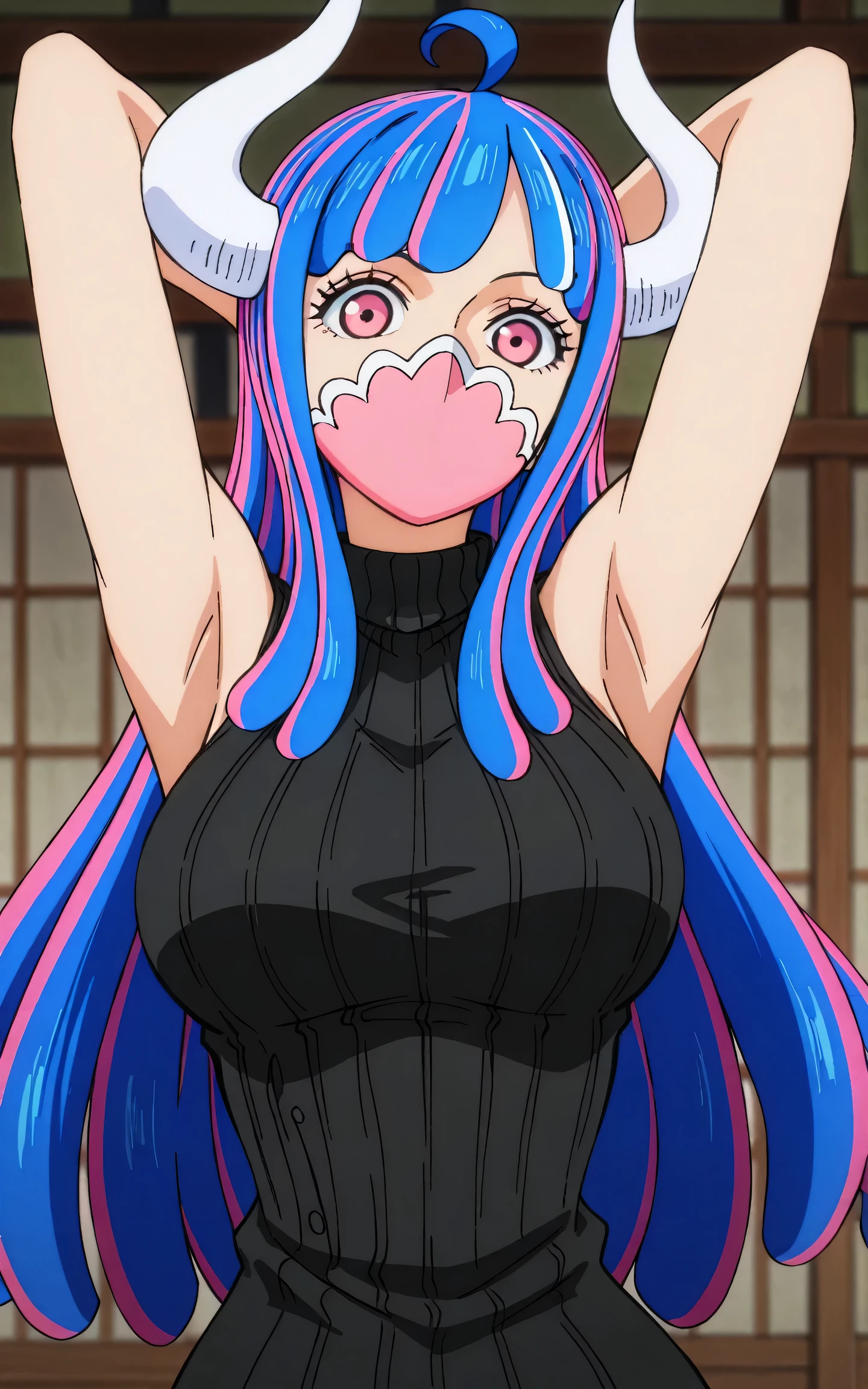masterpiece, best quality, amazing quality, anime screencap, anime coloring, 1girl, solo, Ulti (character), curled horns, long hair, ahoge, pink hair, blue hair, multicolored hair, pink eyes, mouth mask, mask, black sweater, sleeveless sweater, ribbed sweater, arms behind head, armpits, armpits focus, head towards viewer, looking at viewer, light source in front, indoors