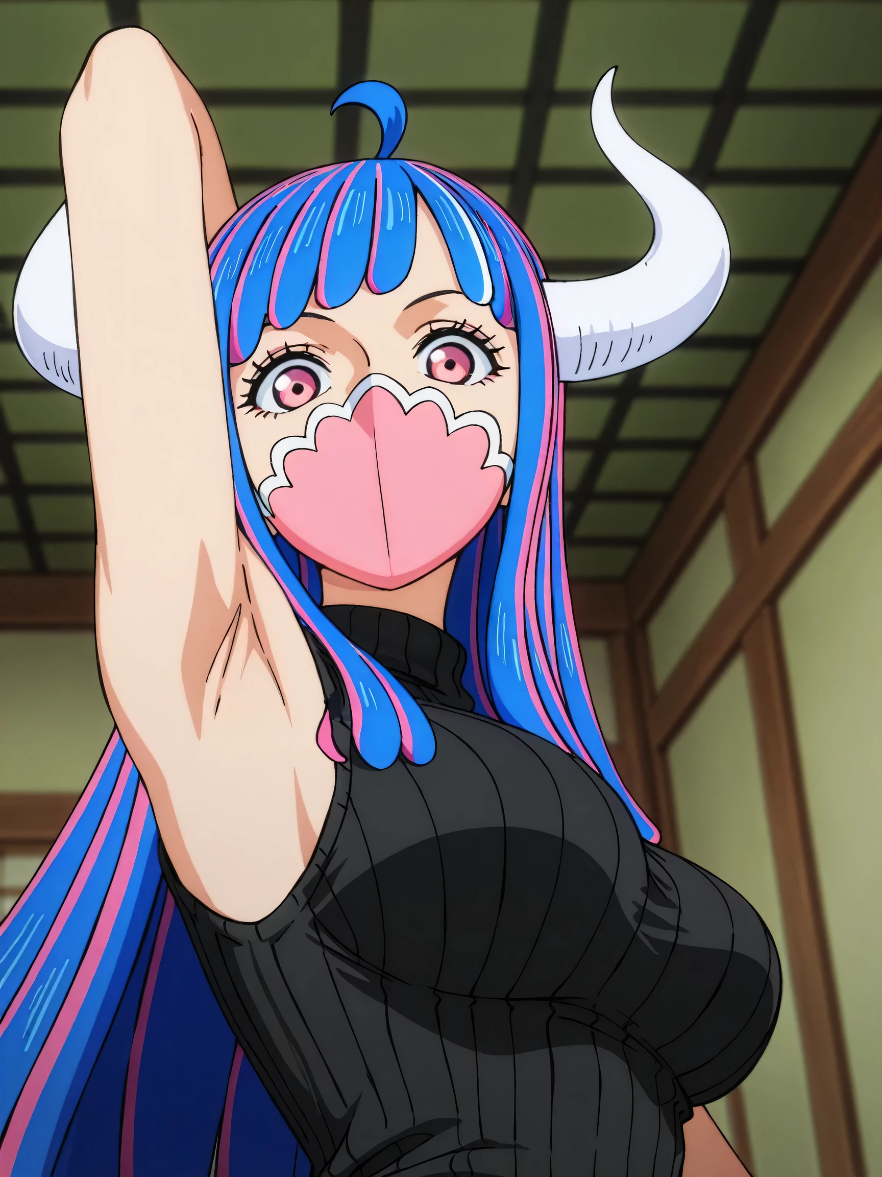 masterpiece, best quality, amazing quality, anime screencap, anime coloring, 1girl, solo, Ulti (character), curled horns, long hair, ahoge, pink hair, blue hair, multicolored hair, pink eyes, mouth mask, mask, black sweater, sleeveless sweater, ribbed sweater, arm behind head, armpit, armpit focus, head towards viewer, looking at viewer, light source in front, indoors, from side, from below 