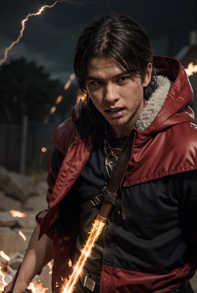 Black hair character with a rattail and red eyes wearing worn and torn expression, is deppressed walking down the streets alone. The background is dark with red mist. The big bright glaze glow of monster eyes. Full body image. The character is wearing over jacket with a scarf
