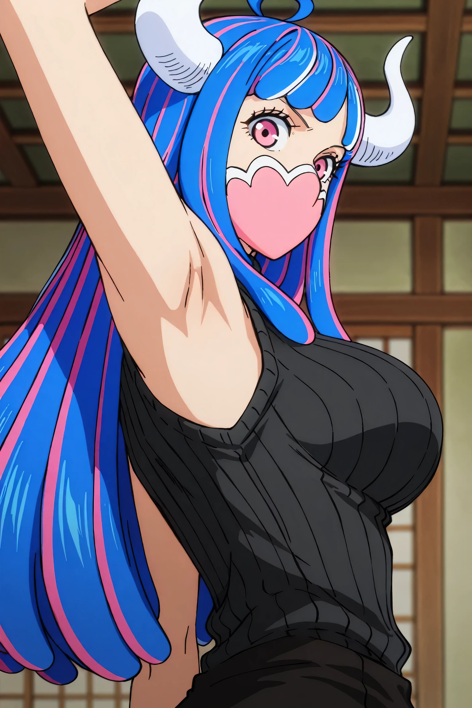 masterpiece, best quality, amazing quality, anime screencap, anime coloring, 1girl, solo, Ulti (character), curled horns, long hair, ahoge, pink hair, blue hair, multicolored hair, pink eyes, mouth mask, mask, black sweater, sleeveless sweater, ribbed sweater, arm up, raised arm, armpit, armpit focus, head towards viewer, looking at viewer, light source in front, indoors, from side, from behind