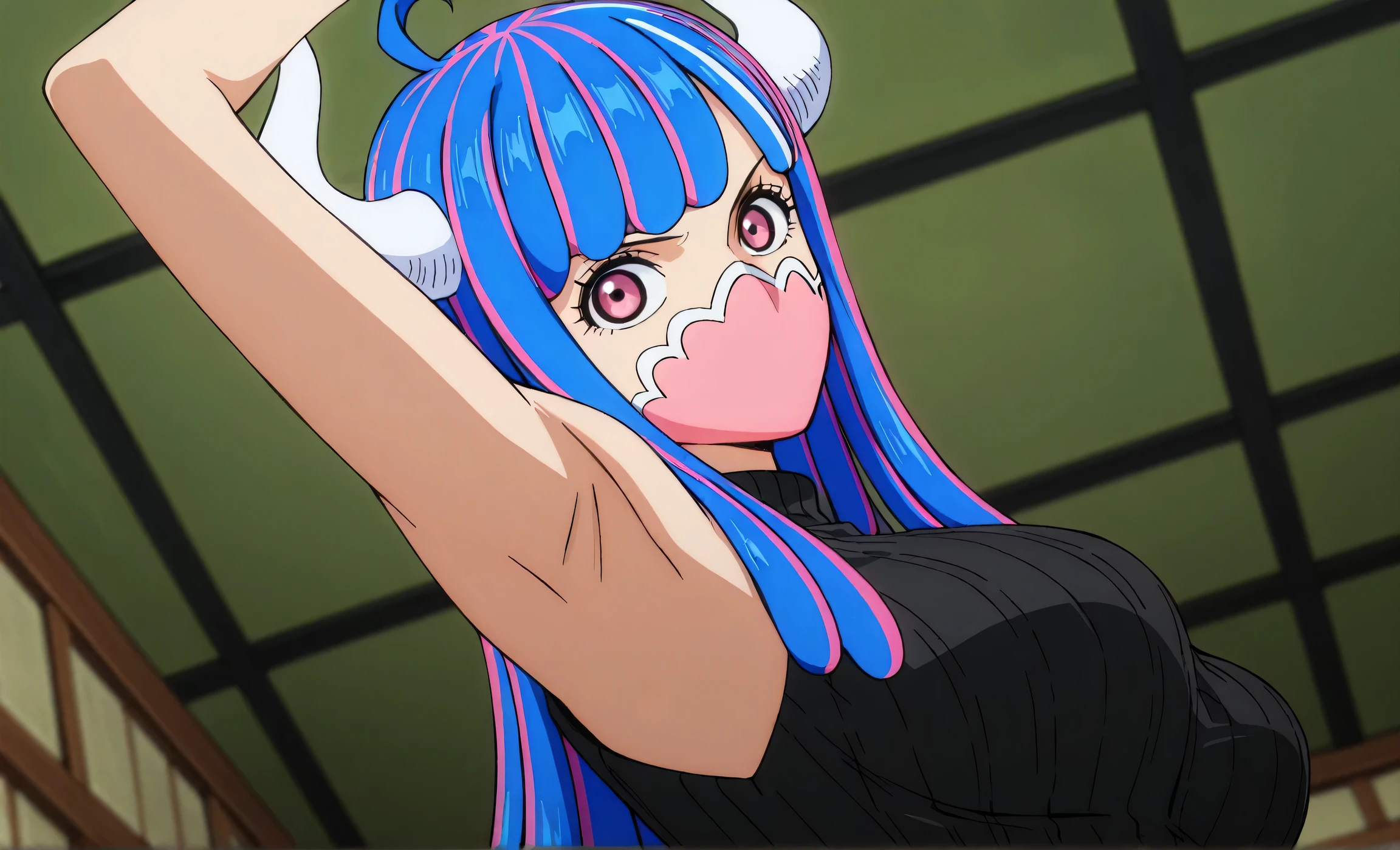 masterpiece, best quality, amazing quality, anime screencap, anime coloring, 1girl, solo, Ulti (character), curled horns, long hair, ahoge, pink hair, blue hair, multicolored hair, pink eyes, mouth mask, mask, black sweater, sleeveless sweater, ribbed sweater, arm up, raised arm, armpit, armpit focus, head towards viewer, looking at viewer, light source in front, indoors, from side, from below 
