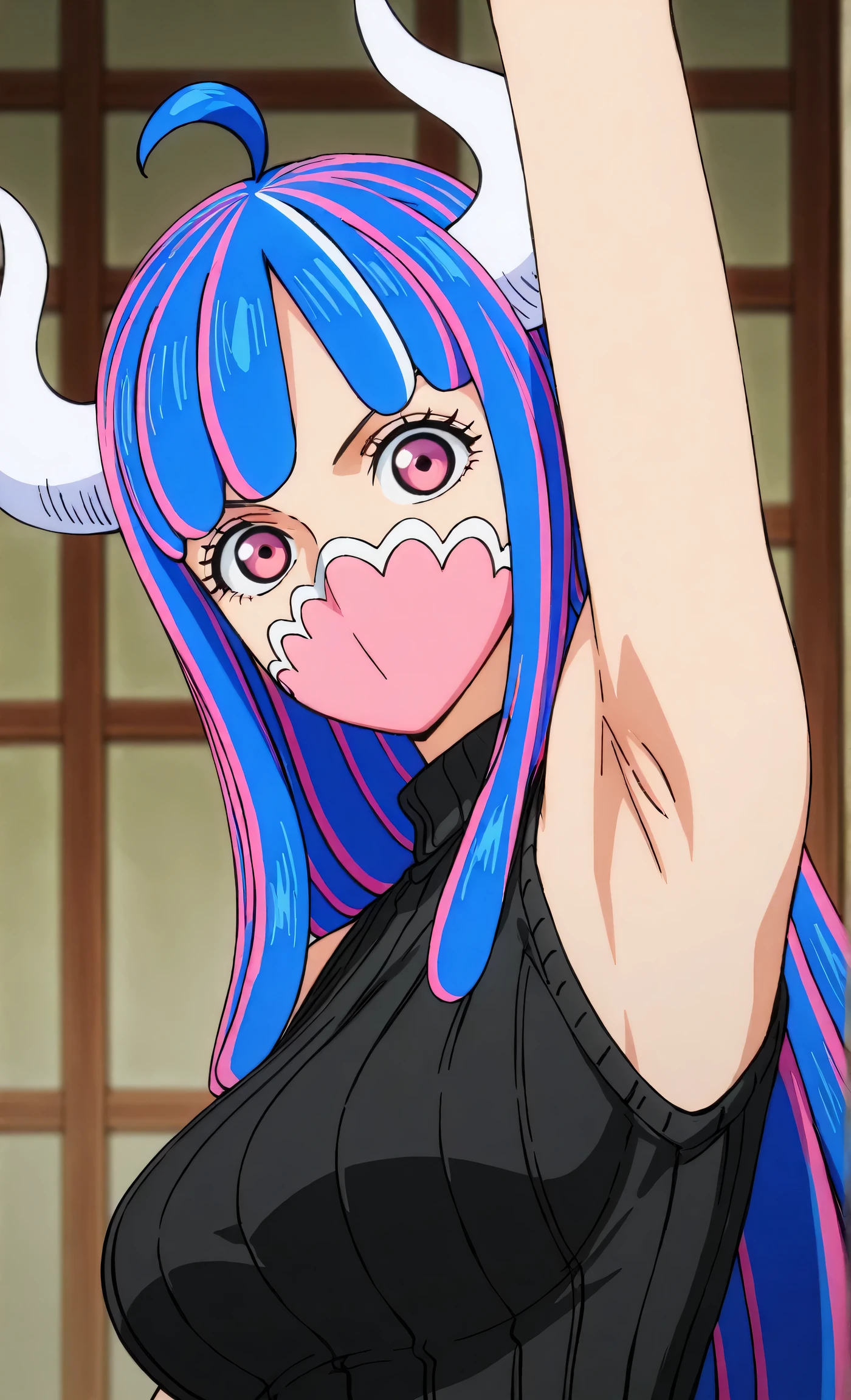 masterpiece, best quality, amazing quality, anime screencap, anime coloring, 1girl, solo, Ulti (character), curled horns, long hair, ahoge, pink hair, blue hair, multicolored hair, pink eyes, mouth mask, mask, black sweater, sleeveless sweater, ribbed sweater, arm up, raised arm, armpit, armpit focus, head towards viewer, looking at viewer, light source in front, indoors, from side,