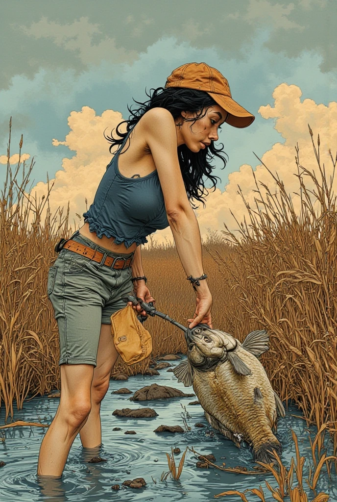 Painting of a man and a woman fishing on a pier with a cat, Igor Grabar, Gil Elvgren style, fishing, pinup art inspired by Gil Elvgren, John La Gatta, Bencho Obreshkov, inspired by Art Frahm, Mikhail Lebedev, Alexander Kucharsky, pinup art