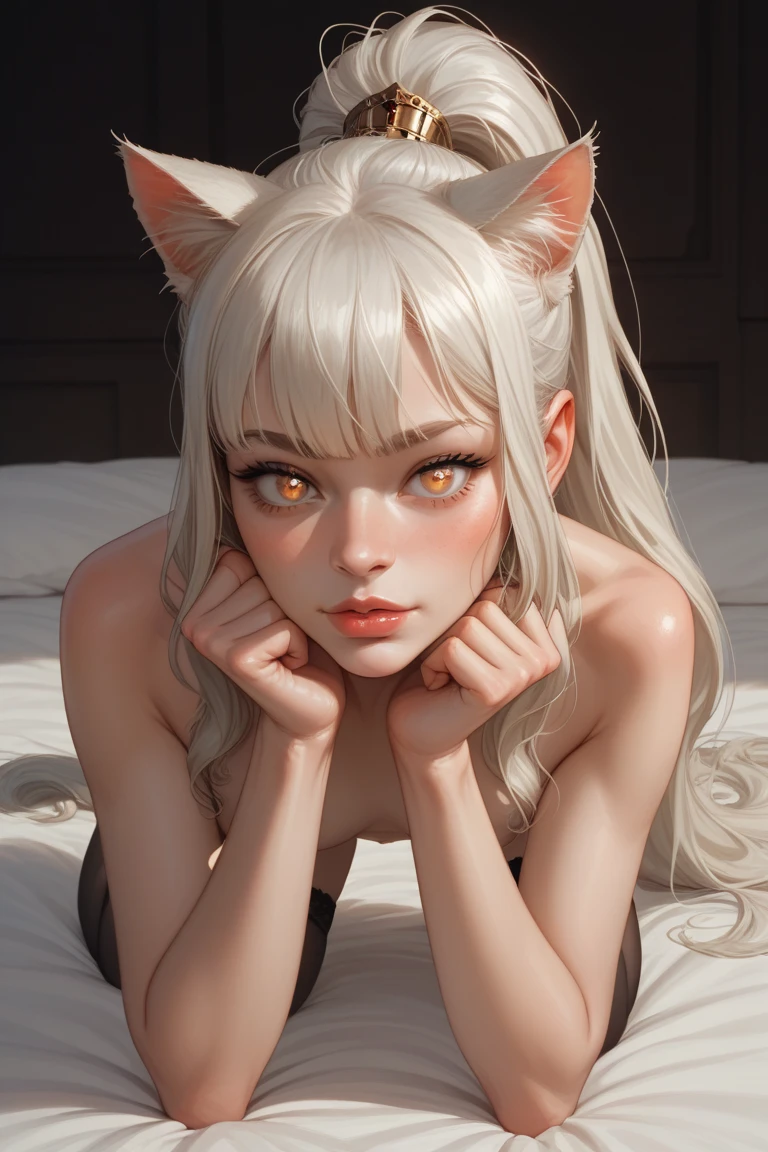 Medusa, white fox ears, blank background, big breast, pale skin
