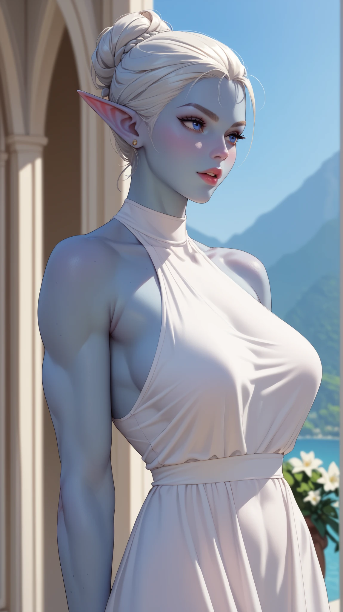 Elf Girl, blue skin, Middle Ages, Wear a revealing deep V-neck dress, athletic body