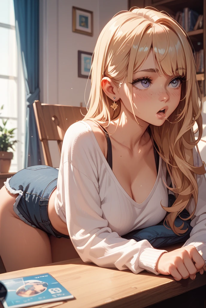 masterpiece, best quality, wolf girl, elegant, 1girl, wolf ears, wolf tail, cute, blushed, feet out of frame, reading book in black cover, from down, blonde wavy hair,simple cotton underwear, blue eyes, beautiful eyes, beautiful background, light particles, sun rays, dramatic lighting, inside, shiny, realistic, masterpiece, best quality, ultra-detailed, detailed, scenery, beautiful detailed eyes, detailed hair