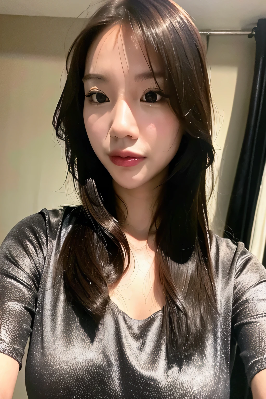 close-up, portrait, masterpiece, best quality, (photorealistic:1.3), 1girl, solo, long hair, brown eyes, brown hair, smile, highly detailed intricate black lace turtleneck dress,