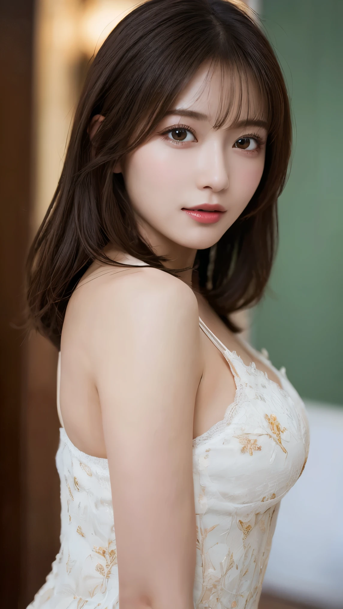 (On the veranda of a traditional Japanese house), masterpiece, light makeup, red lips, beautiful hair, (moderately fair:1.3), elegant, Very fine details, masterpiece, authentic texture, cinematic lighting realism, perfect work, 16,000, high resolution, Exquisite features, brown eyes, (Ultra-high resolution eye:1.1), japanese idol, beautiful face, (A gentle smile like a goddess), attractive, well-shaped breasts, beautiful cleavage,glowing skin, ((Nude Side Slit Gorgeous Dress:1.3)), break,bright big eyes, soft skin, earring, necklace, standing posture, (Ground Shots:1.2), (sitting on the veranda),(all four feet:1.3),(enlargement:1.2),from below, Lights on the face