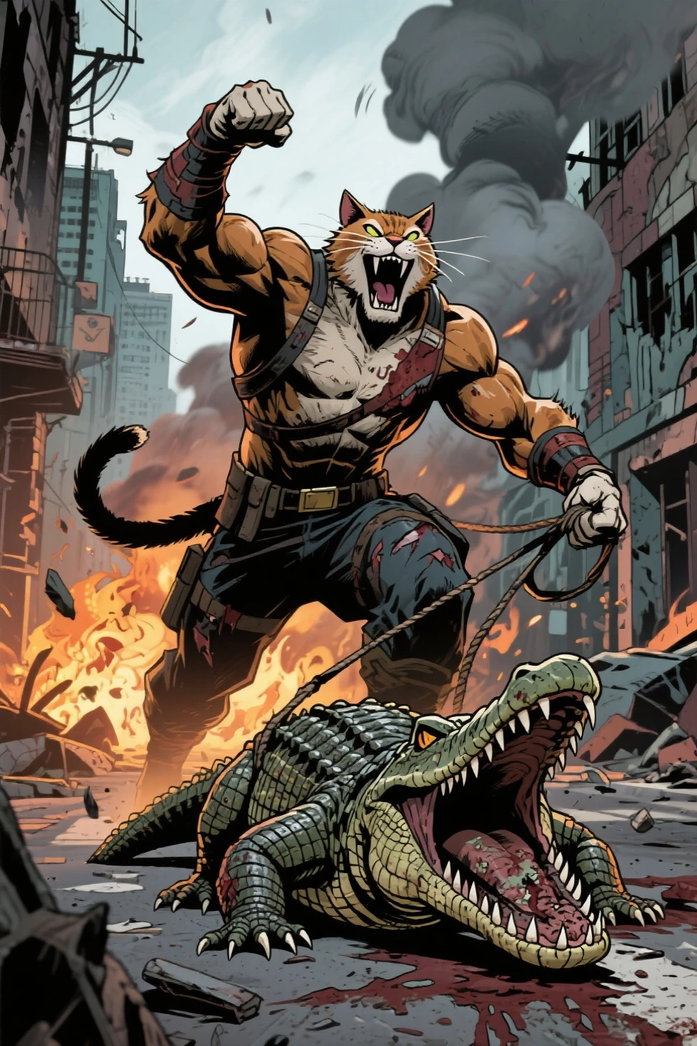 A large, rugged tiger-man riding a small scooter with a cigarette in his mouth　Wearing overalls　Anime drawings　Japanese manga style