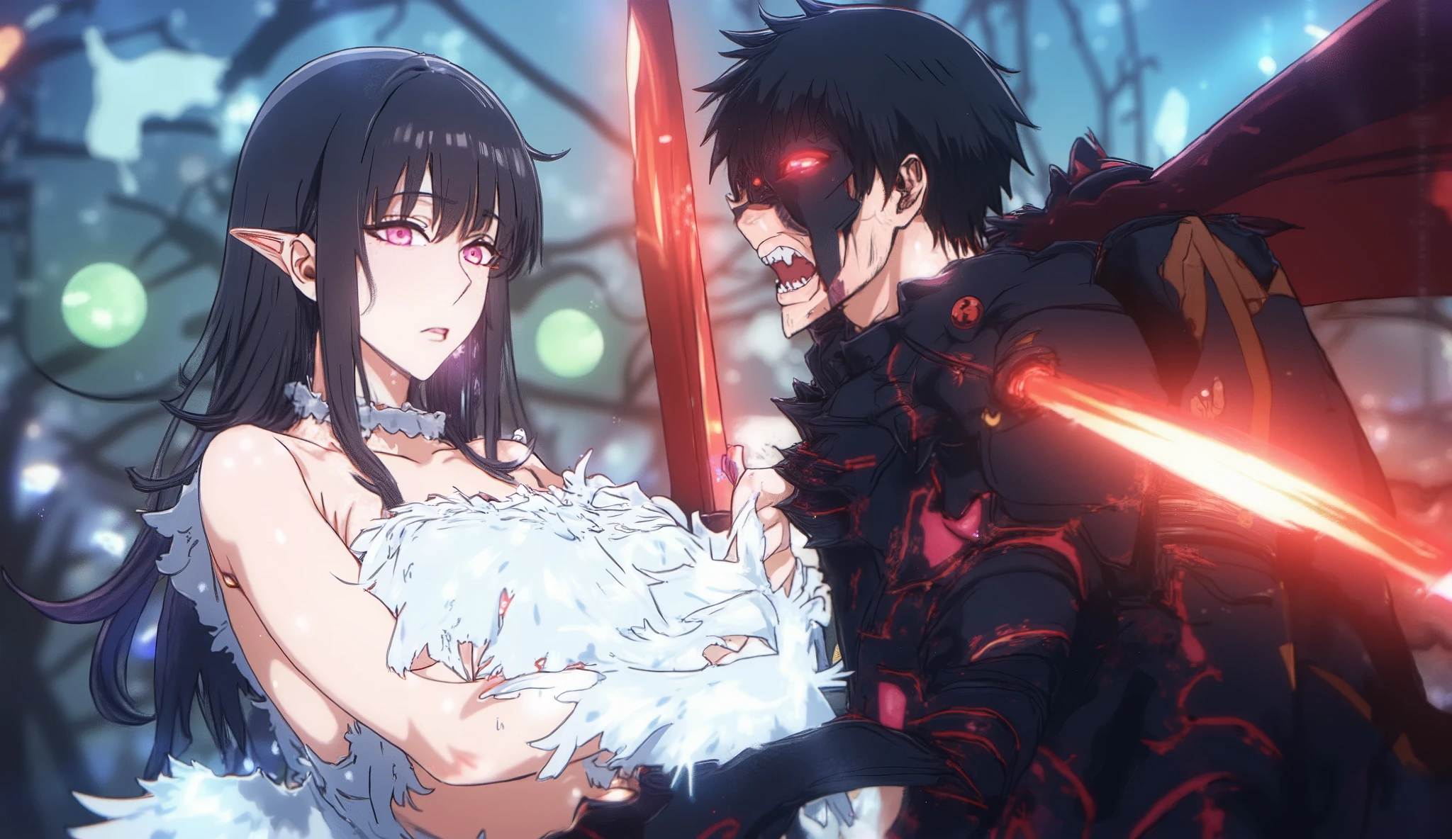 A dark fantasy anime scene featuring a powerful male demon with glowing red eyes, black spiky hair, and crimson markings on his body, wearing black armor. He is holding a red glowing dagger, threatening a wounded female character with long black and blue gradient hair, pale skin, and wearing a torn white dress. The background shows twisted trees with glowing green orbs and a mystical blue sky. The atmosphere is intense, magical, and dramatic. High detail, sharp lighting, dynamic composition, anime art style.
