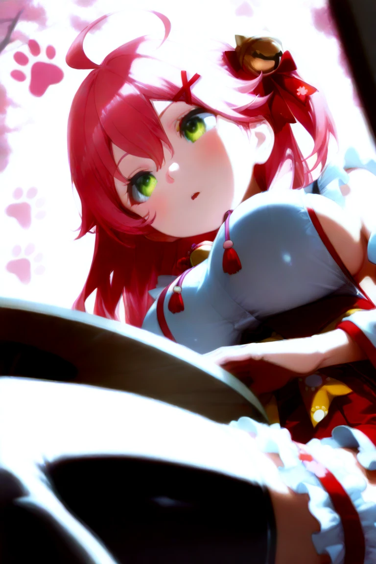Fox ear girl,Use a hand filled with red liquid to create a red heart,Be red in the face,Rapid heartbeat