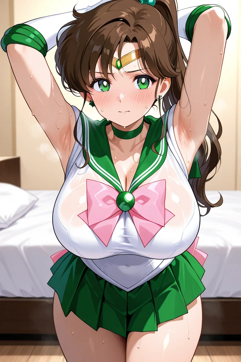 masterpiece, Highest quality, High resolution, Sailor Jupiter 1990s \(style\),、(Big Breasts)、tall、Sweating all over the body、vapor、One man and one woman、(Normal position)、綺麗なBig Breasts、Muscular、sexy、Face writhing in pleasure、The whole body is covered in sex fluids、Sweaty、Composition from the side、Close ~ eyes、Open your mouth and stick out your tongue、 on face、(Hentai scene of man and woman having sex)