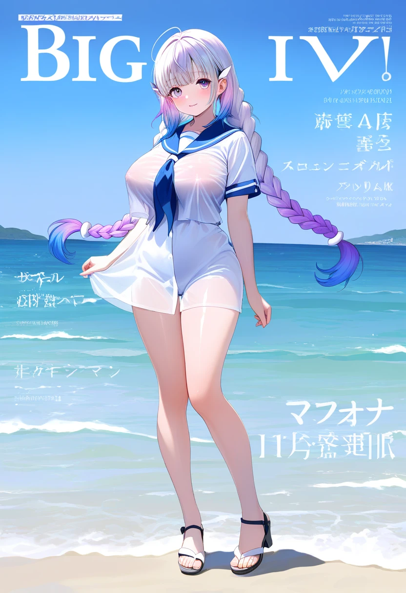 1girl,kitagawa marin,smile,(blonde hair:1.2),solo,shirt,choker,necktie,long hair,red eyes,jewelry,looking at viewer,,grin,(white shirt:1.2),earrings,black choker,bag,ear piercing,blush,piercing,bangs,blurry background,collared shirt,school bag,blurry,upper body,multicolored hair,nail polish,sparkle,long fingernails,fingernails,v,pink nails,selfie,gyaru,fake nails,small_breasts,sleeves rolled up,barbell piercing,black necktie,gradient hair,teeth,lace choker,collarbone,pocket,blue necktie,reaching towards viewer,long sleeves,(Five fingers:1.5),(fingers of detail:1.5),victory,(8K quality), (best quality), (realistic:1.1),realistic skin texture, cute, 1girl, solo, sea, floating, blue sky and white clouds, beach, wet, sweating, standing, dynamic pose, random pose, (High-cut leotard:1.2), looking at viewer, model , tall , gigantic breasts , cute , light brown hair , absurdly long , side ponytail , wavy hair , open mouth , gentle smile , full body shot