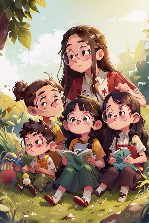 Family of readers, grandmother, grandfather, father, mother and children readers, sitting down for a family photograph