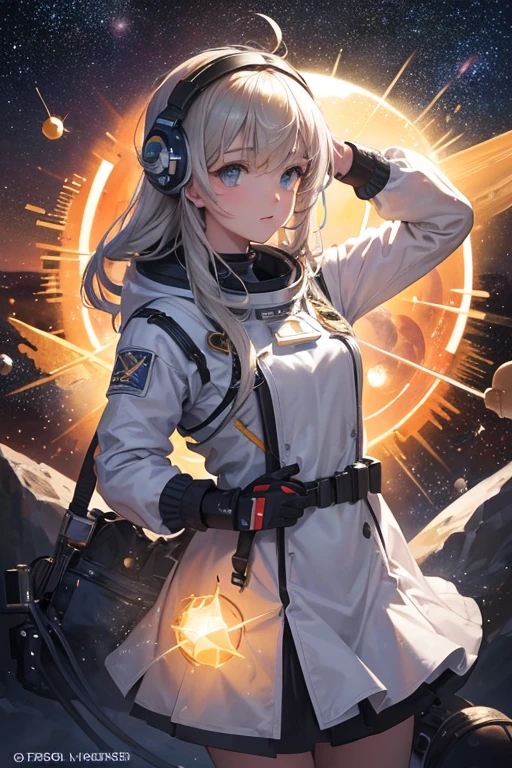 (best quality,4K,8k,High resolution,masterpiece:1.2),Super detailed,(realist,fotorRealist,fotorRealist:1.37),planet art,solar system,night sky,bright stars,Wonders of the universe,celestial body,moving planet,Orbiting planets,space exploration,astronault,interstellar travel,exoplanet,Different world,distant galaxy,nebula,star nursery,Starburst,milky way galaxy,Intergalactic Journey,space dust,space-time continuum,dark matter,reveal the universe,Infinite beauty,celestial body photographs,Galactic Adventures,Mysterious universe,cosmic energy,explore the unknown,constellation,celestial bodyナビゲーション,star dynamics,Deep space exploration,CosmicLandscapes, Astronaut 's perspective,Magnificent universe,breathtaking scenery,distant horizon,Bright space,pulsating star,cosmic ballet,moon landscape,vision of another world,Enigmatic space,fascinating cosmos,The ever-expanding universe,Colorful Northern Lights,beautiful girl,final boss, 