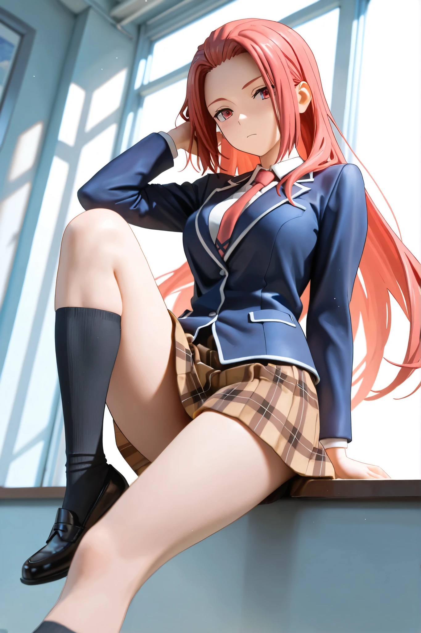finest, masterpiece, high definition, (full body), front-facing, symmetrical, mature high school girl, solo, (full body from head to toe), small breasts, long hair, (black tights), ( (black pantyhose), black pantyhose, 靴は履いてません、, looking at camera, high blazer, high White blouse, high with blue ribbon, high with short plaid pattern and navy pleated skirt, Lacus Clyne、sitting on a park bench
