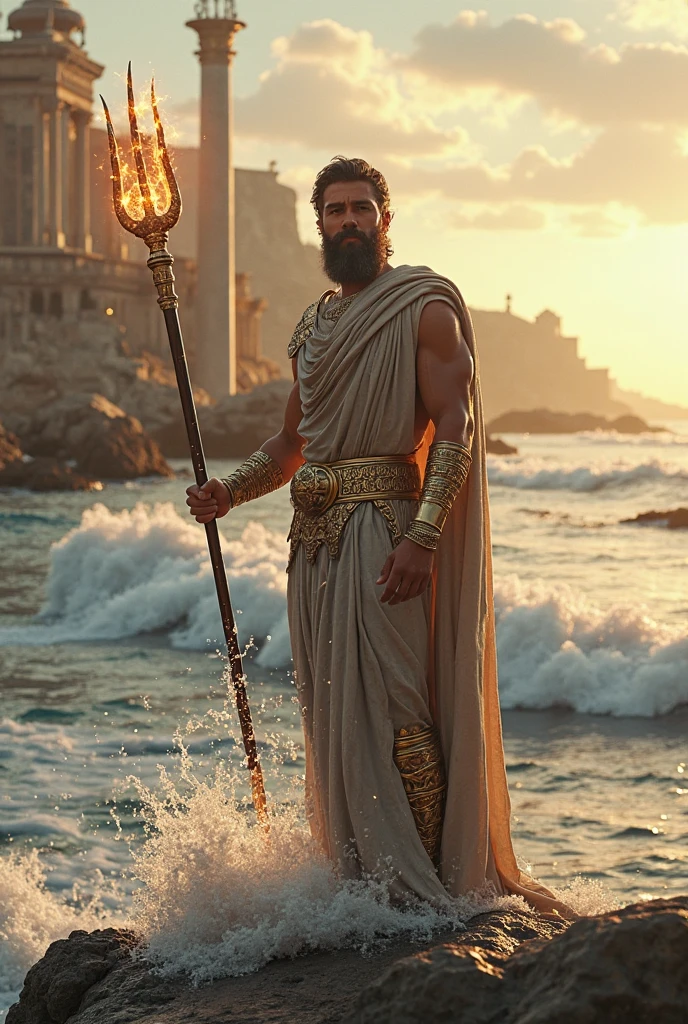 Show Atum standing on the primordial mound, the Benben, in Egyptian mythology. Atum is depicted as a regal mature male figure, with smooth golden-brown skin and intense dark brown eyes. His hair is short, curly, and black, with gray streaks at the temples, giving him an air of wisdom and power. He wears a simple white kilt and a golden crown, with a muscular build that reflects his role as the creator god. The background features the mound rising from the chaotic waters of Nun, with the first rays of the sun illuminating Atum and the surrounding landscape. Use masterpiece, best quality, CG, wallpaper, HDR, high quality, ultra detailed face, cinematic, high detail, 8k, raw, high, artstation HQ, unreal engine, octane renderer, 4k resolution, hyperrealistic, highly detailed, and absurdres settings