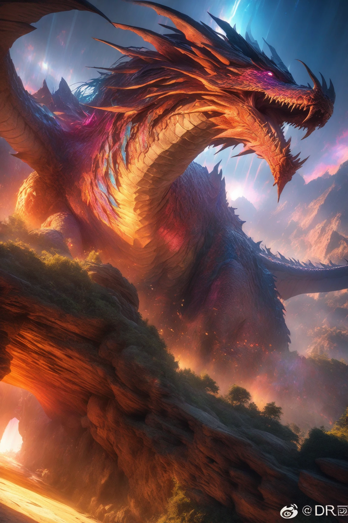 A dragon sitting atop a mountain, with a majestic sunrise and fluffy clouds in the background, creating a breathtaking scene. The dragon possesses intricate scales that reflect the warm hues of the rising sun, shining brilliantly in the morning light. Its eyes are filled with wisdom and power, conveying an aura of ancient knowledge. The dragon's wings are spread wide, revealing their majestic span and displaying the vibrant colors of their intricate patterns. The mountain on which the dragon perches is tall and rugged, covered in lush greenery and dotted with vibrant flowers, symbolizing life and vitality. In the distance, the sun rises in all its glory, casting a golden glow over the landscape and painting the sky with hues of orange, pink, and purple. The clouds float gracefully, forming whimsical shapes and adding depth to the scene. The entire atmosphere is bathed in warmth and tranquility, creating a sense of awe and wonder. The image quality is of the highest standard, allowing for every minute detail to be captured and showcased. The dragon's scales shimmer with a realistic and photorealistic touch, and the landscape is portrayed with ultra-detailed precision. The colors are vivid and captivating, emphasizing the beauty of the natural elements. The lighting is carefully crafted, with the sunlight casting gentle shadows and highlighting the dragon's magnificent presence. This prompt combines elements of fantasy, nature, and tranquility, resulting in a masterpiece that captures the imagination and transports the viewer to a world of magic and wonder.