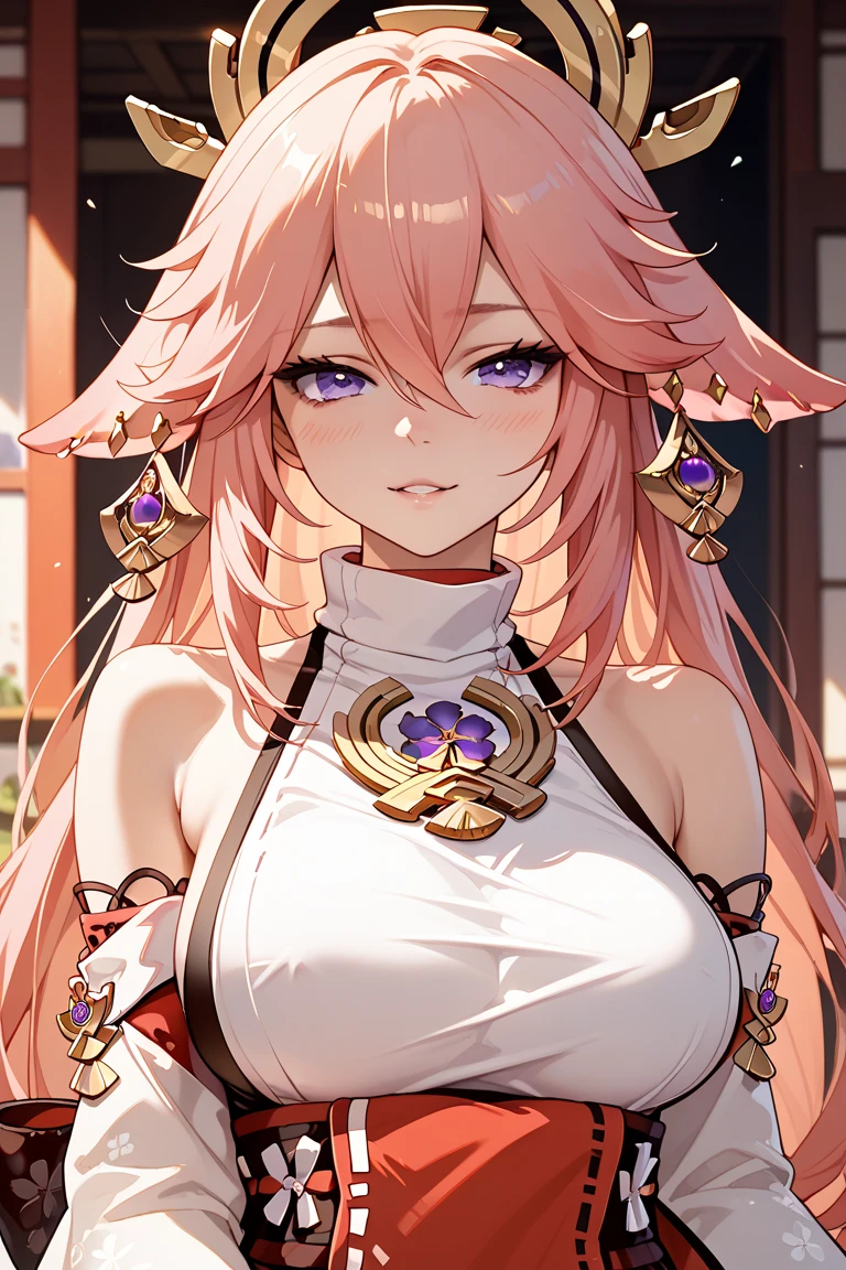 Highly detailed, High Quality, Masterpiece, beautiful, solo, 1girl, ExtraFacesRanni, upper body, yae miko, pink eyes, long hair, pink hair, animal ears,
