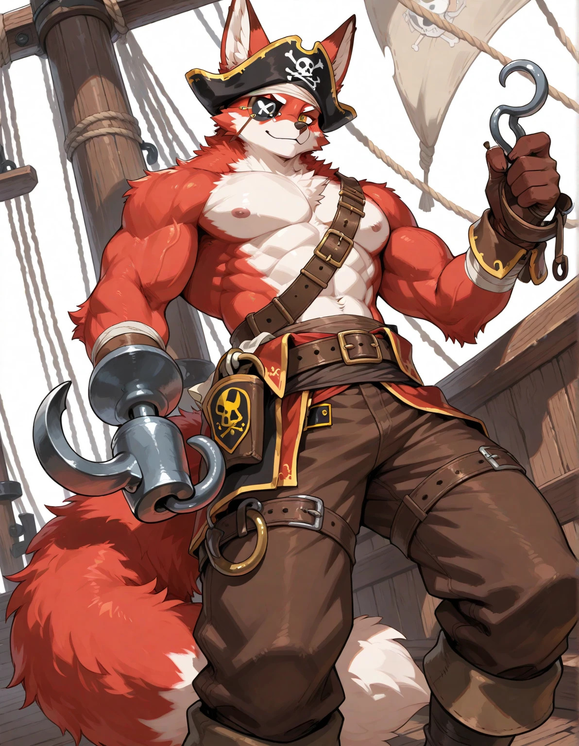 Foxy, sword, pirate suit, eye patch, muscular, on a pirate ship, sfm, brave, rainy weather, storms