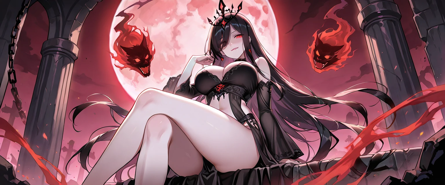 There is a demon Waifu,ultra hd,red/black long hair,cute,red eye,,normal booba,His mouth is open , tooth , water,fight position,flufy shirt,shy, Thigh visible,castle