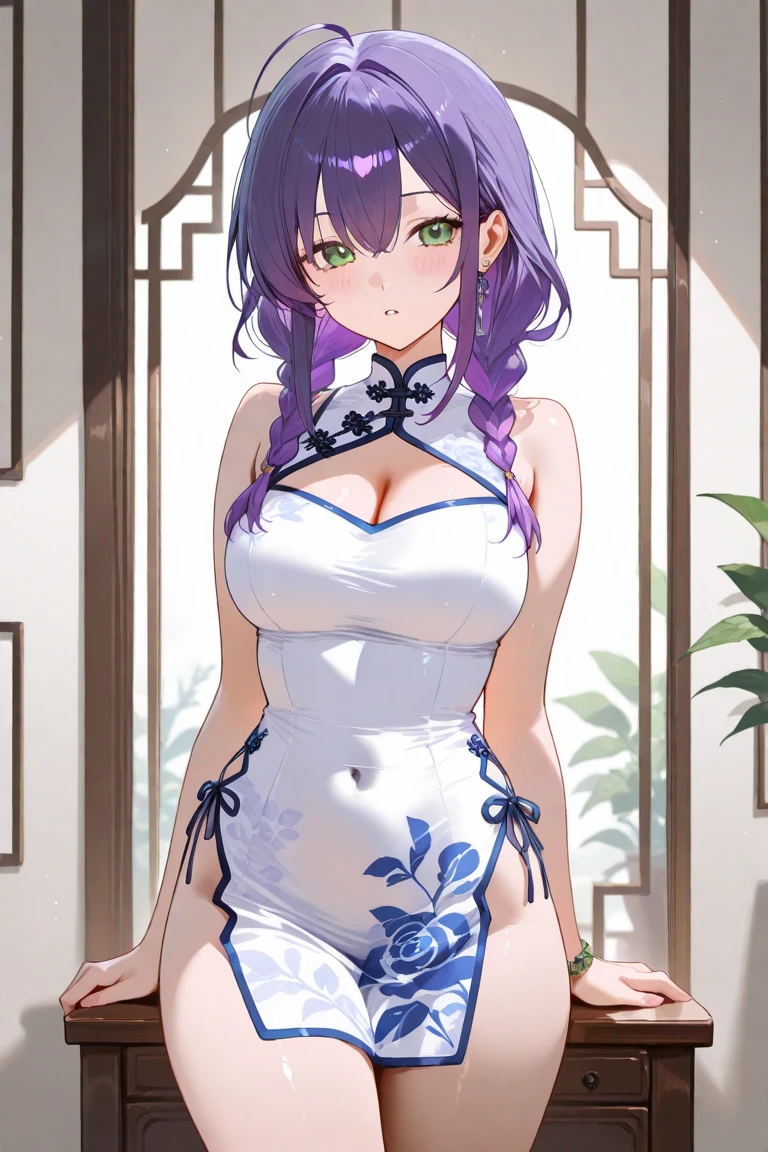 score_9,score_8_up,score_7_up,source_anime,cowboy shot,Idealized Forms,Natural Light,details background,blurry background,extremely detailed,HayaseYuuka((bulearchive),(blush),purple hair,long hair,ponytail,two side up,parted bangs,blue eyes,purple eyes,(black)mechanical_halo,(white)china dress,See-through,