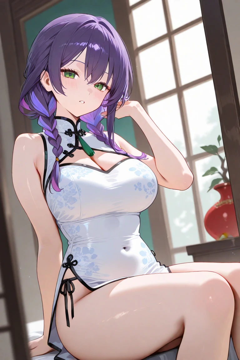 masterpiece,best quality,highres,ultra-detailed,aaao,red eyes,blue hair,long hair,twintails,hair between eyes,bangs,braid,hair ribbon,<lora:sorakado_ao:0.7>,bare shoulders,china dress,chinese clothes,short dress,cleavage cutout,sideboob,thighs,hands_on_hips,furrowed_brow,indoors,