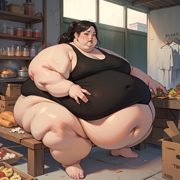 (masterpiece, best quality, highres, detailed, realistic), young black woman, USSBBW, (morbidly obese, fatblob:1.2), (detailed face, beautiful face:1.2), high aesthetic, nude, from side, gigantic belly, sat in chair, eating fried chicken