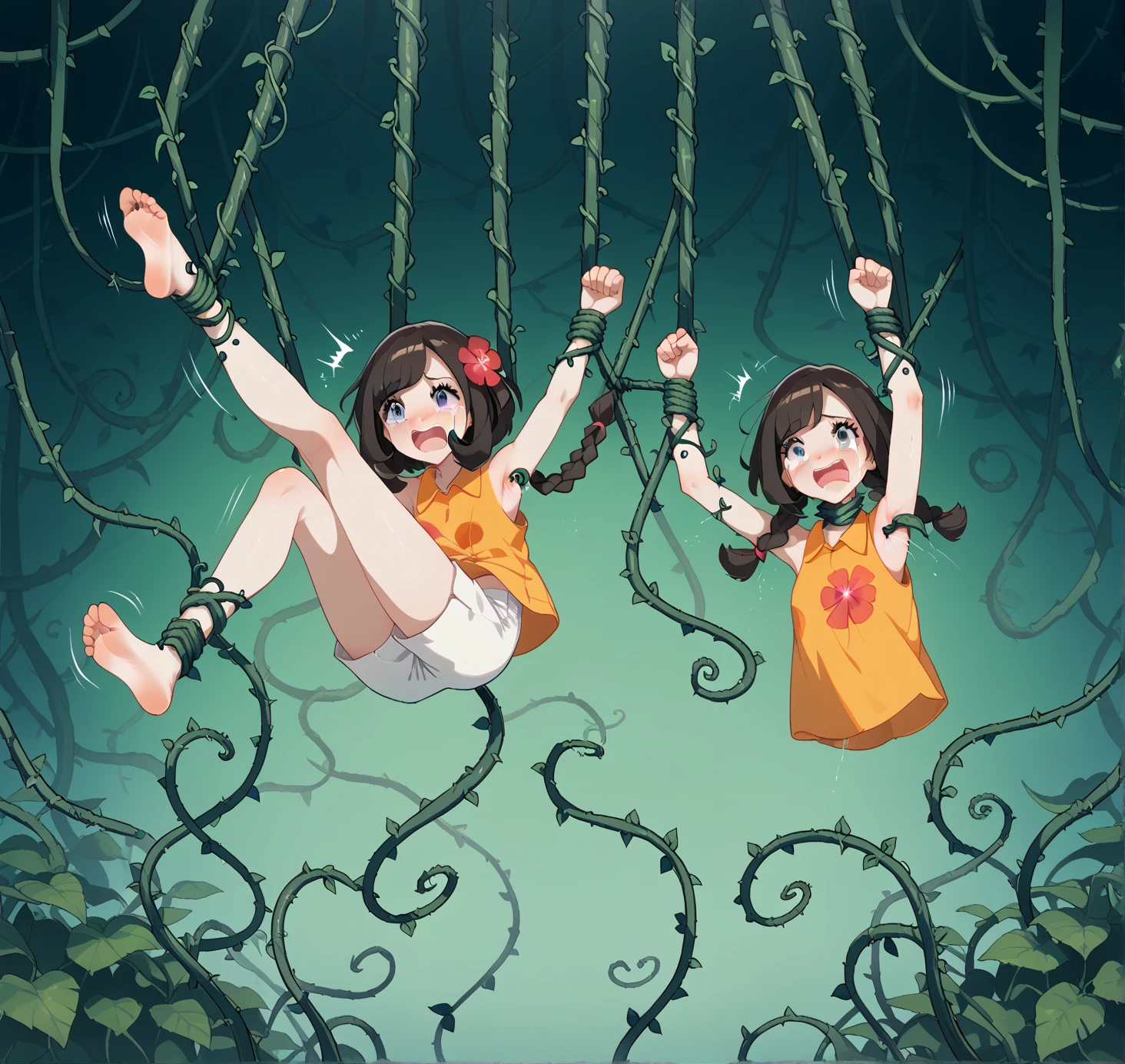 Pinocchio hung from a tree with his feet tied