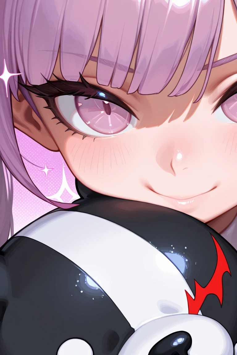 1 girl,Heart-shaped pupils,nail,Put your hands on your face,white hair,purple eyes,(blush:1.1),collar,Upper body,trembling,Sweat,Sweatdrop,Heart,(speed line:1.1),medium breasts, ((heavy breathing:1.3)), like, Heart, crop top, happy, Smile，Mecha，