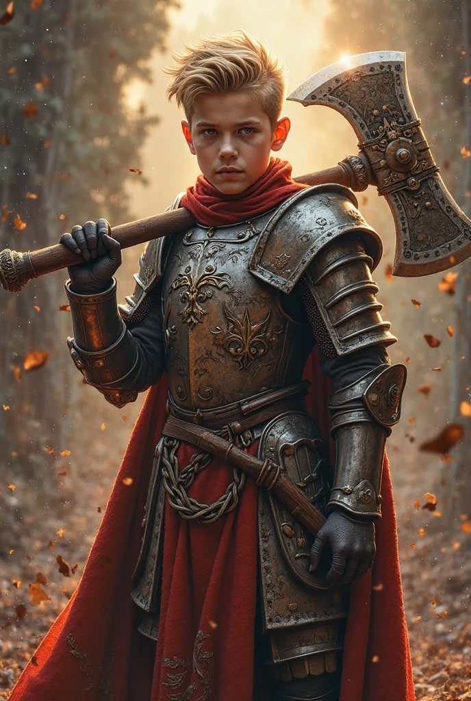 A boy in a full-body medieval knight costume 