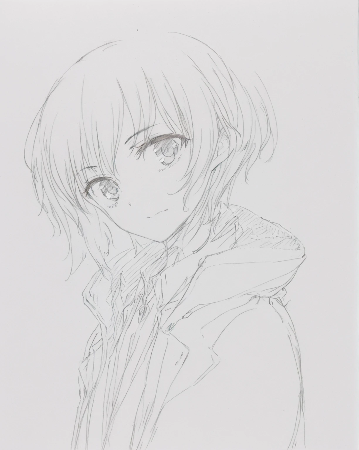 Picture of a Girl in a Ponytail and Coat,  anime sketch ,  Line Art!!, Anime Clean Outline , Flat Anime Style Shading, Anime Shading),  Line Art, clean and detailed anime style , kaworu Nagisa, Youth Manga Portrait, simple shading, Anime Style Cartoon ,  subtle anime style , cool shading,   Delicate Anime Faces  ,  matte sketch  ,  bust 