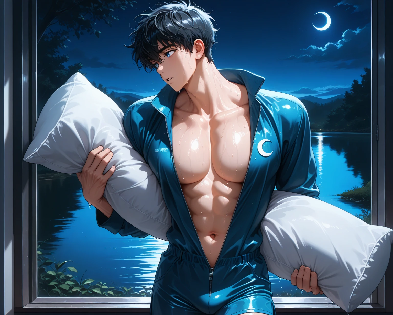 Gray Fullbuster lying down on ice and snow sleeping, dozing off, naked shirtless bare chested muscular ripped detailed body and rugged physical build, sleeping in deep sleep, snowing and (snowflakes:1.2), white snow and blue ice, the man has black hair and cold freezing body, ((ice-crystals)), (masterpiece, hd, 8k, ultra-high quality), upper body, solo, focus on man, (upper body)