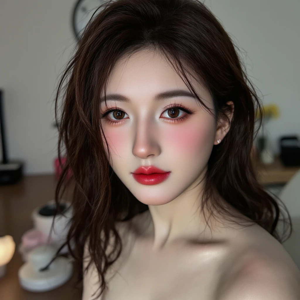 (highest quality、Tabletop、8k、Best image quality、Award-winning works)、One enchanting beauty、(Perfect V-neck long knit red sweater:1.3)、Red eyeshadow、Perfect Makeup、Long eyelashes、Ultra-high definition sparkling eyes、Ultra HD Hair、Glossy lipstick、Ultra High Resolution Glossy Lips、Beautiful face in ultra-high definition、Brown Hair、Big Breasts、Cleavage、Accurate anatomy、(Face close-up:1.4)、Luxury Love Hotel、(The most atmospheric and warm lighting:1.1)、(Strongly blurred luxury love hotel background:1.2)
