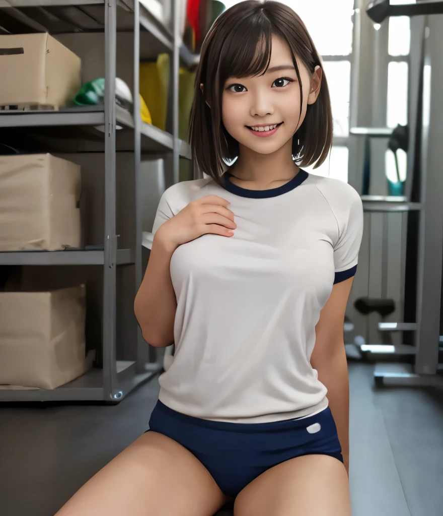 ( Highest Quality 、 Super fine) 、 masterpiece、Clear Photo、 (Photorealistic:1.6)、 Professional photography lighting 、Sit in the gym warehouse 、smile、( cute high school student from below 、Yoda Yuki、 idol class、gravure idol )、 s、Almond Eye 、( erect nipples )、Ultra slim、 slender body、 Thin Waist、 beautiful feet、( Female high school student wearing gym clothes、Short sleeve、 dark blue bloomers )、(Sit in the gym warehouse 、Sit in front of the camera、 completely naked)、(Completed、 charming) 、very short hair:1.6