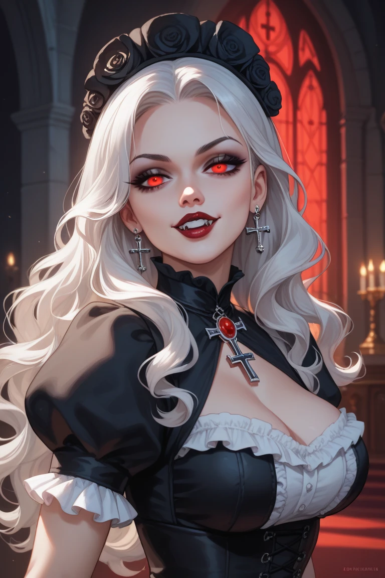 Award-winning portrait of a vampire fusion girl with captivating noir background. masterpiece, best quality, 1 girl, short black hair, striking pose, blood dripping from fangs, action-packed, sharp focus, highly detailed, HDR, noir filters, dramatic shadows, perfect blue eyes, intense gaze, vampire fusion, wearing elegant evening gown, seductive smile, bloodtrail, sucking rose petals, shimmering jewels, deep red lips, black velvet cape, blood-stained collar, sultry and alluring, full-length shot, appearing in frame, intricate textures, award-winning artwork, inspired by Victorian-era paintings.