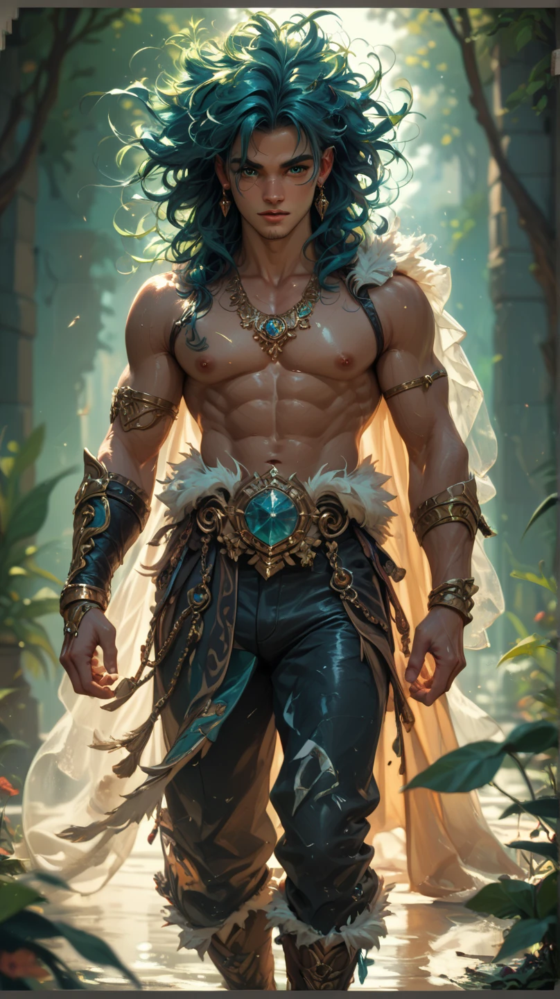A man with long, flowing blue hair adorned with flowers and horns, slightly less muscular, wearing intricate blue and gold armor. He walks through the ruins of an ancient city, arms raised high, holding a sword that gleams with magical energy. His expression is one of resolve and majesty, surrounded by crumbling columns and faded frescoes, capturing a moment of triumph and mystical power