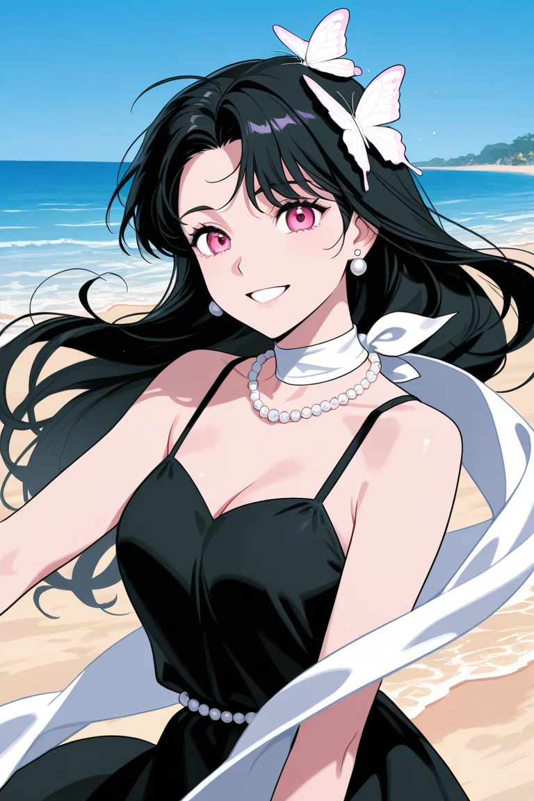Lust, 1girl, solo, looking at viewer, smile, big breasts, chest tattoo, lips, black bikini, huge breasts, small waist, thick thighs, nice thighs, cameltoe, in water, at beach, ocean, waves, clear water, sunny sky, bright day, clear sky, cleavage, perfect quality, good quality, masterpiece, HDR, UHD